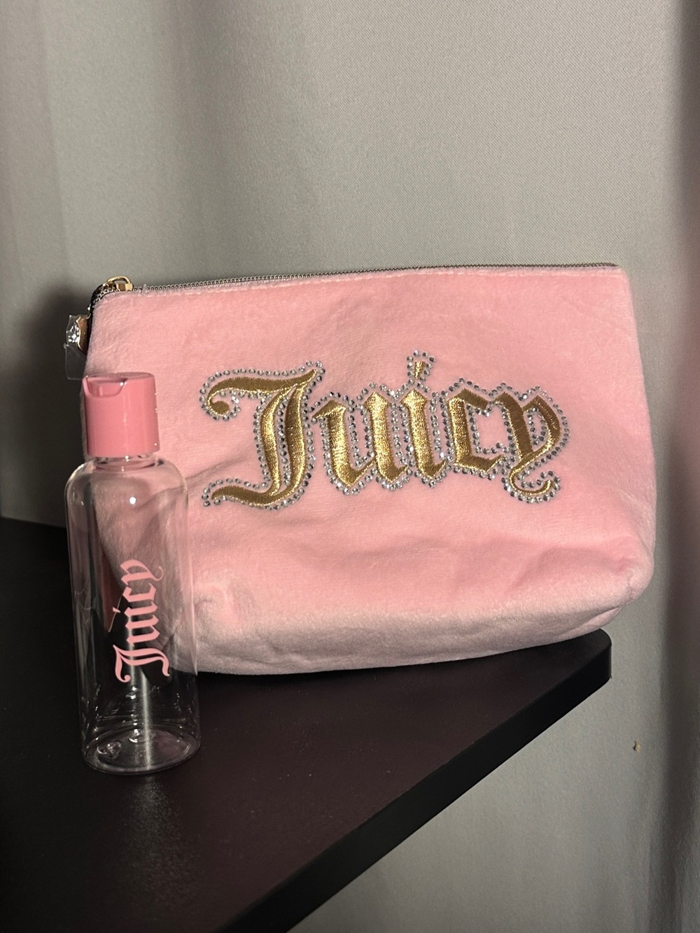 NWT Juicy Couture Pink Velvet Logo Cosmetic Bag + Refillable Toiletry Bottle